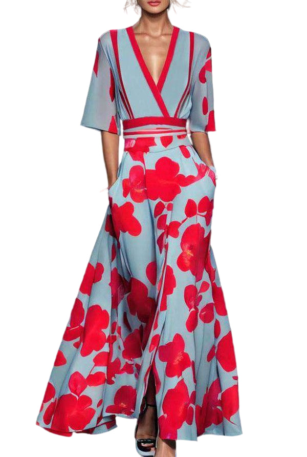 Floral Wrap Dress with Adjustable Waist Tie, Maxi Length, and Side Pockets