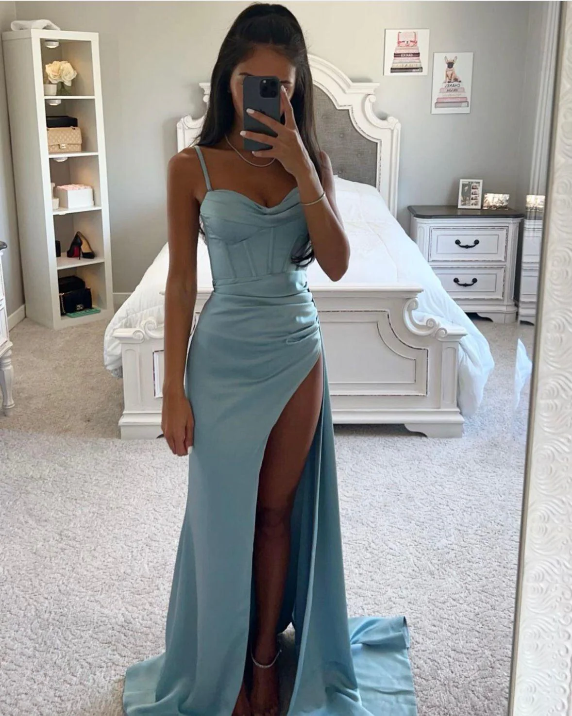 Maxi Dress with Spaghetti Straps, Corset Bodice, and High Slit