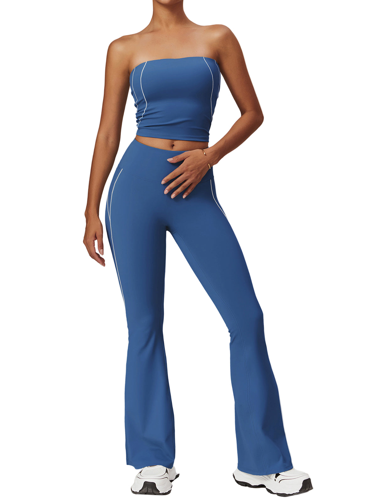 High-Waist Flared Leggings with Contrast Stitching and Split Hem