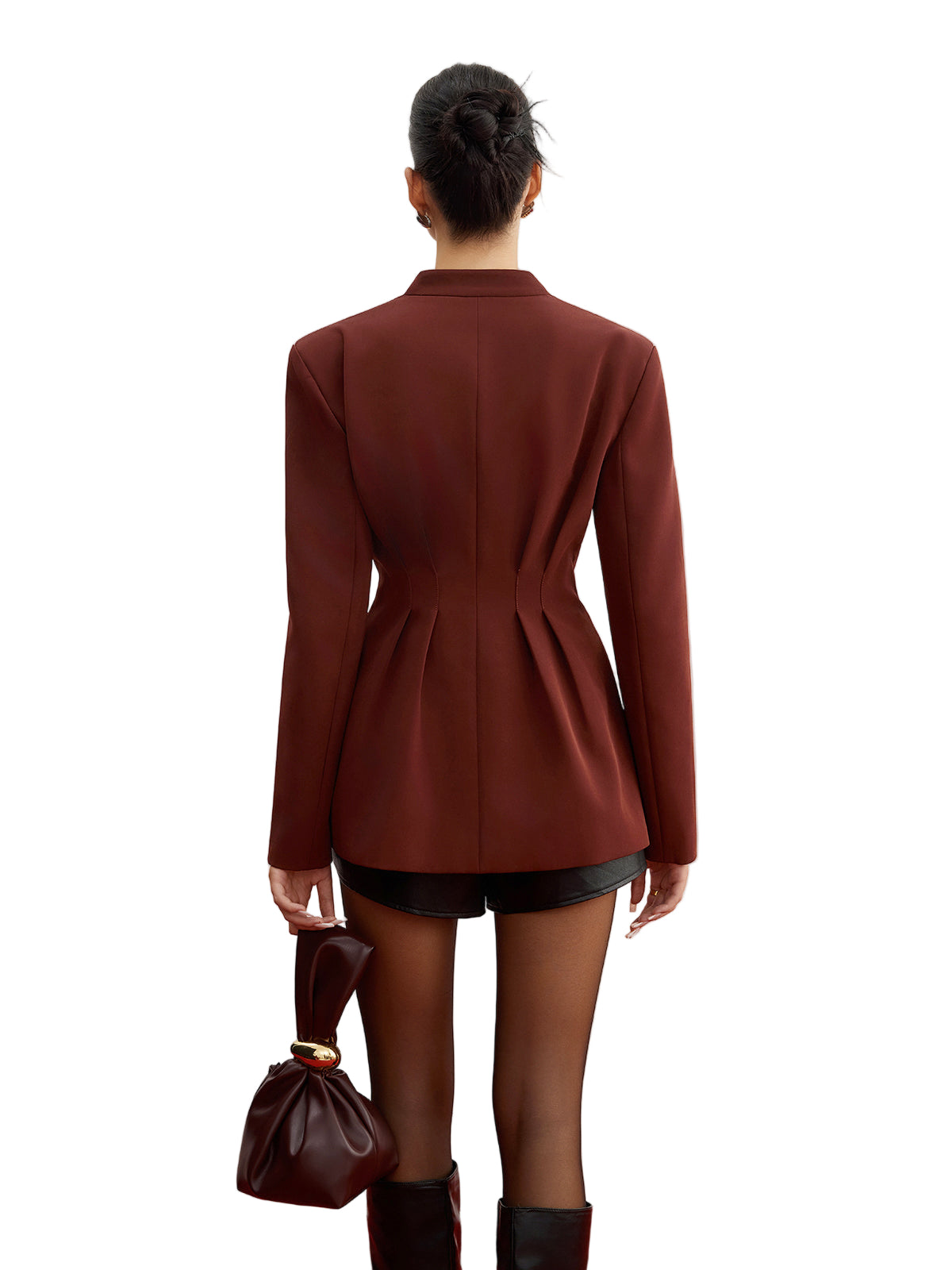 Structured Blazer with Pleated Waist and Metal Button Closure