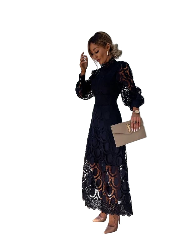 Midi Lace Dress with Cinched Waist and Puffed Long Sleeves