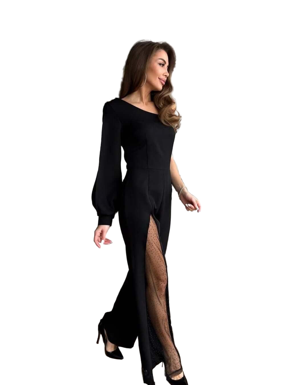 One-Shoulder Sequin Mesh Panel Flared Jumpsuit