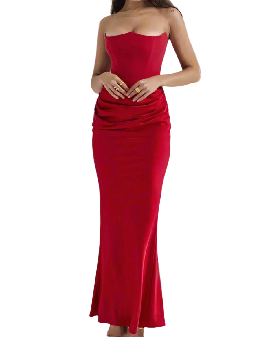 Strapless Draped-Bodice Satin Column Dress