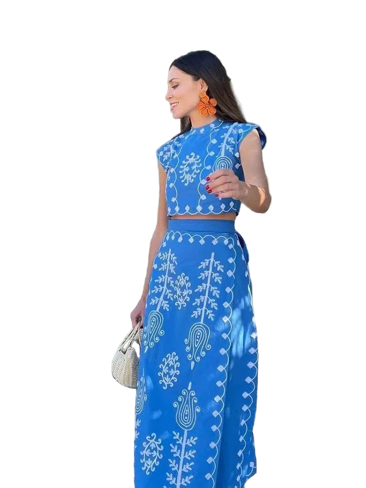 Embroidered Sleeveless Top and Flowing Maxi Skirt Set
