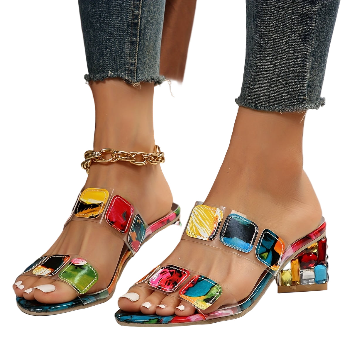 Block Heel Sandals with Multi-Color Mosaic Design