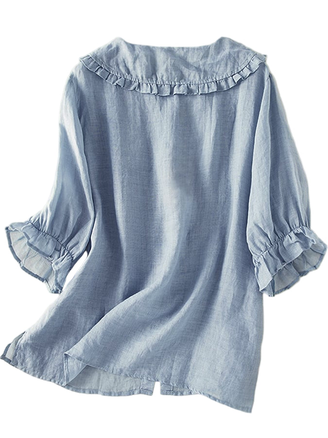 Button-Down Blouse with Ruffle Collar and Puffed Three-Quarter Sleeves