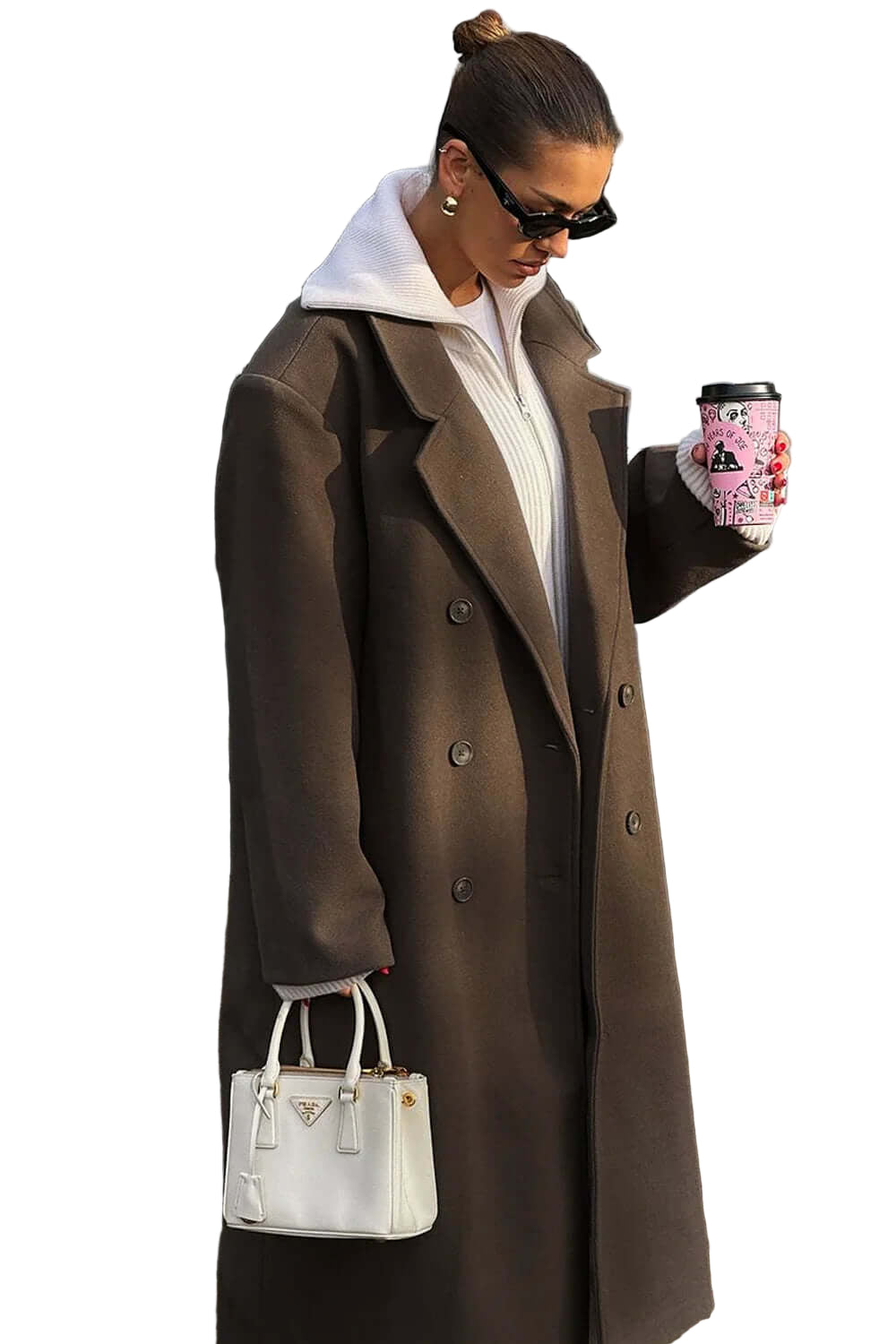 Oversized Trench Coat with Wide Peak Lapels and Button Front Closure