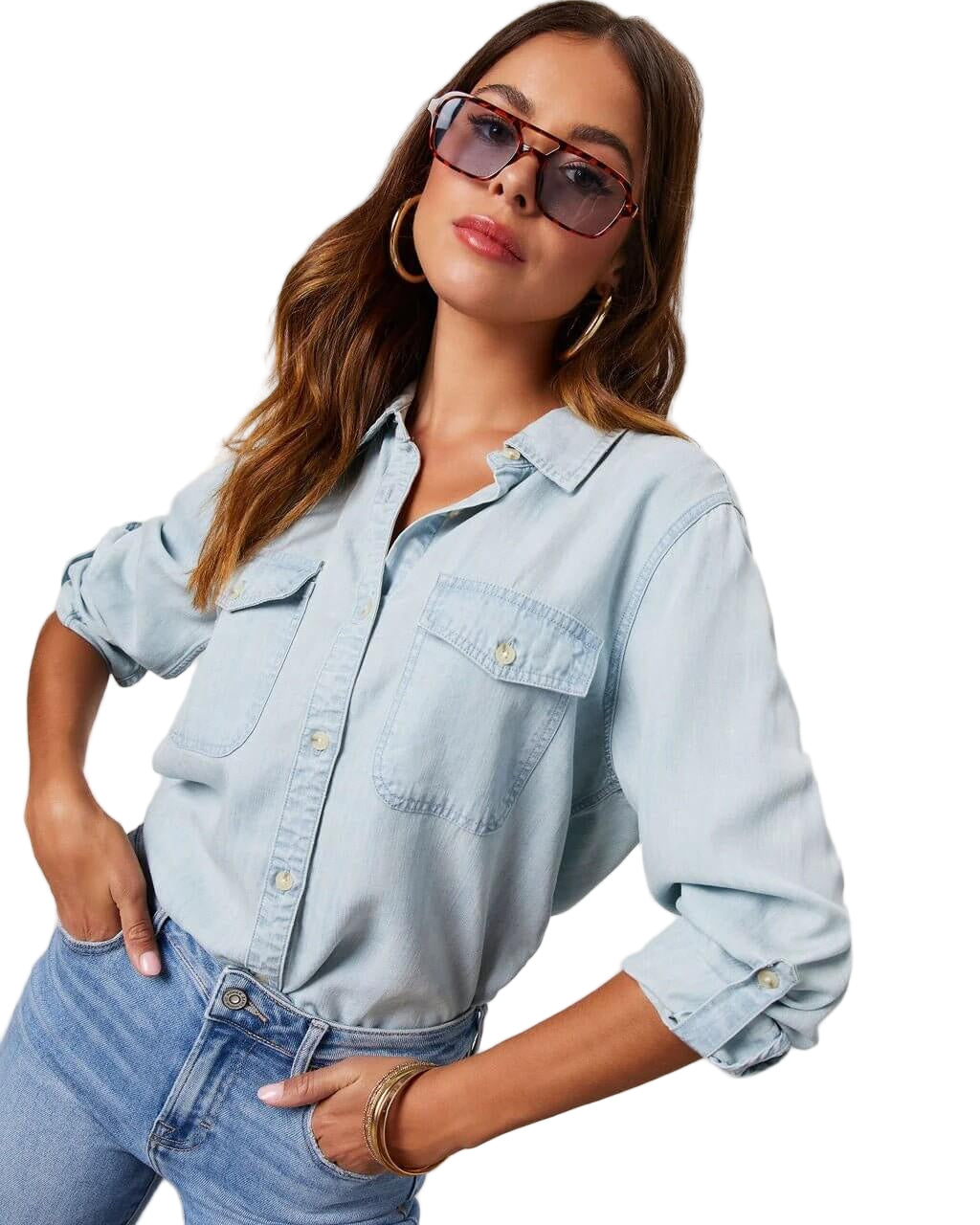 Denim Button-Down Shirt with Chest Pockets and Relaxed Fit