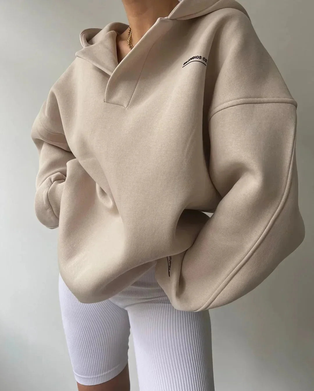 Oversized Sweatshirt with Open Collar and Ribbed Hem