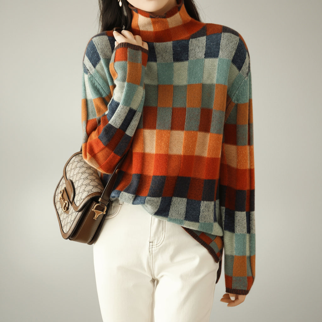 Color Block Check Turtleneck Cashmere Sweater – Relaxed Fit, Ribbed Trim