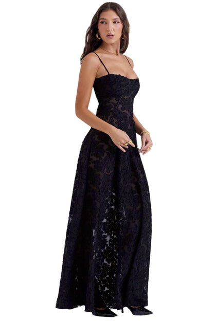 Floral Mesh Spaghetti Strap Maxi Dress with Nude Lining