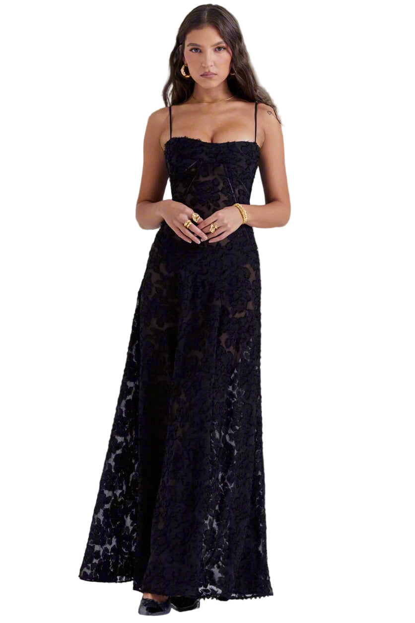 Floral Mesh Spaghetti Strap Maxi Dress with Nude Lining