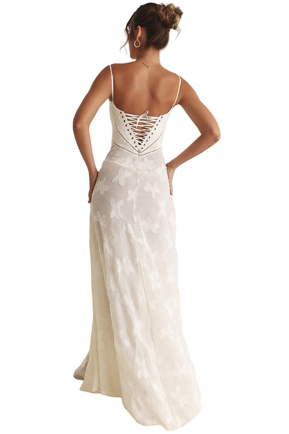 Floral Mesh Spaghetti Strap Maxi Dress with Nude Lining