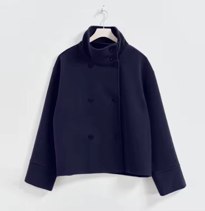 Single-Breasted Cropped Jacket with Wide Collar and High Neckline Detail