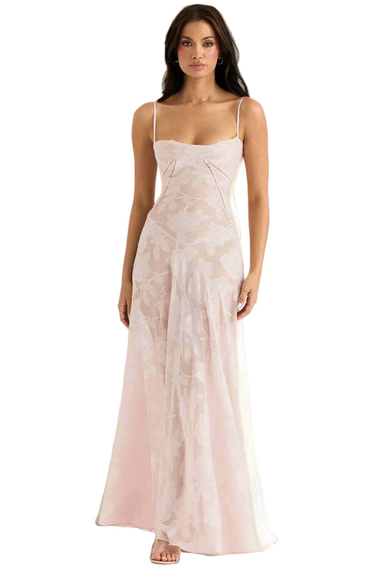 Floral Mesh Spaghetti Strap Maxi Dress with Nude Lining