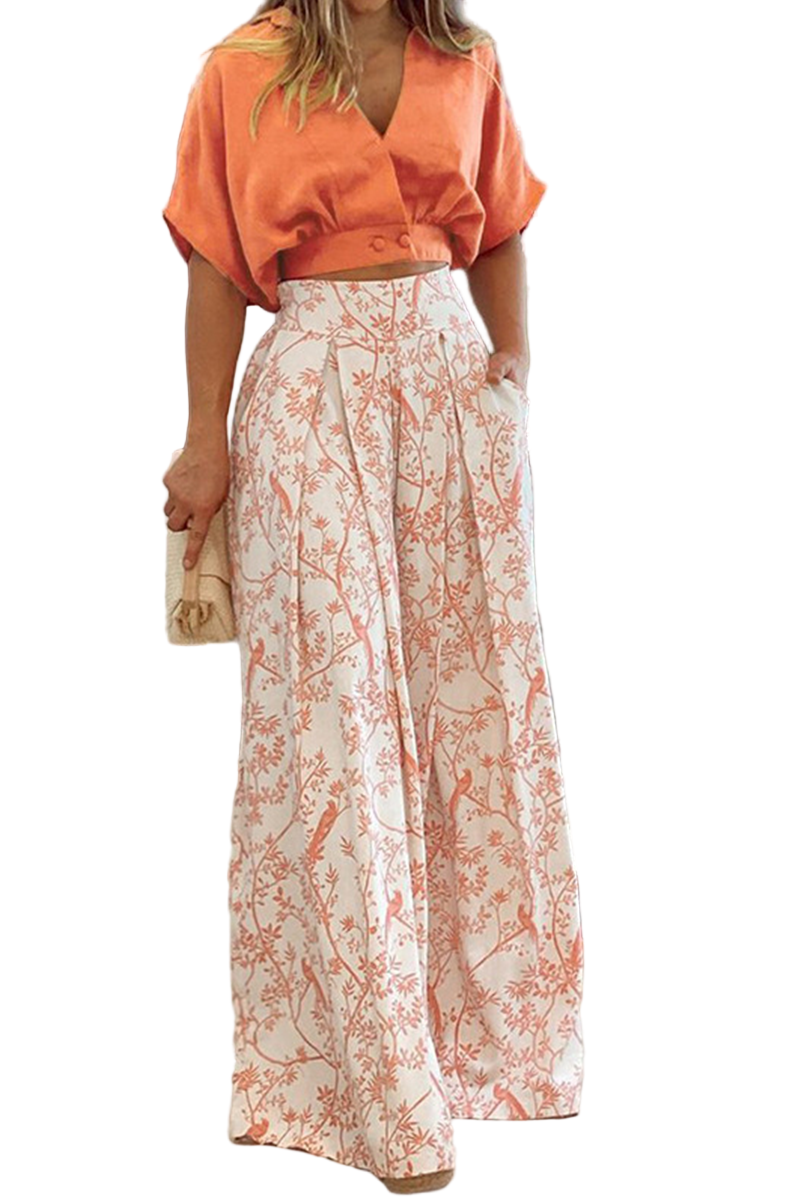 Puff-Sleeve Crop Top and Wide-Leg Palazzo Pants Set with Crossover Front