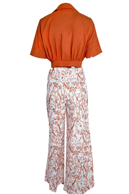Puff-Sleeve Crop Top and Wide-Leg Palazzo Pants Set with Crossover Front