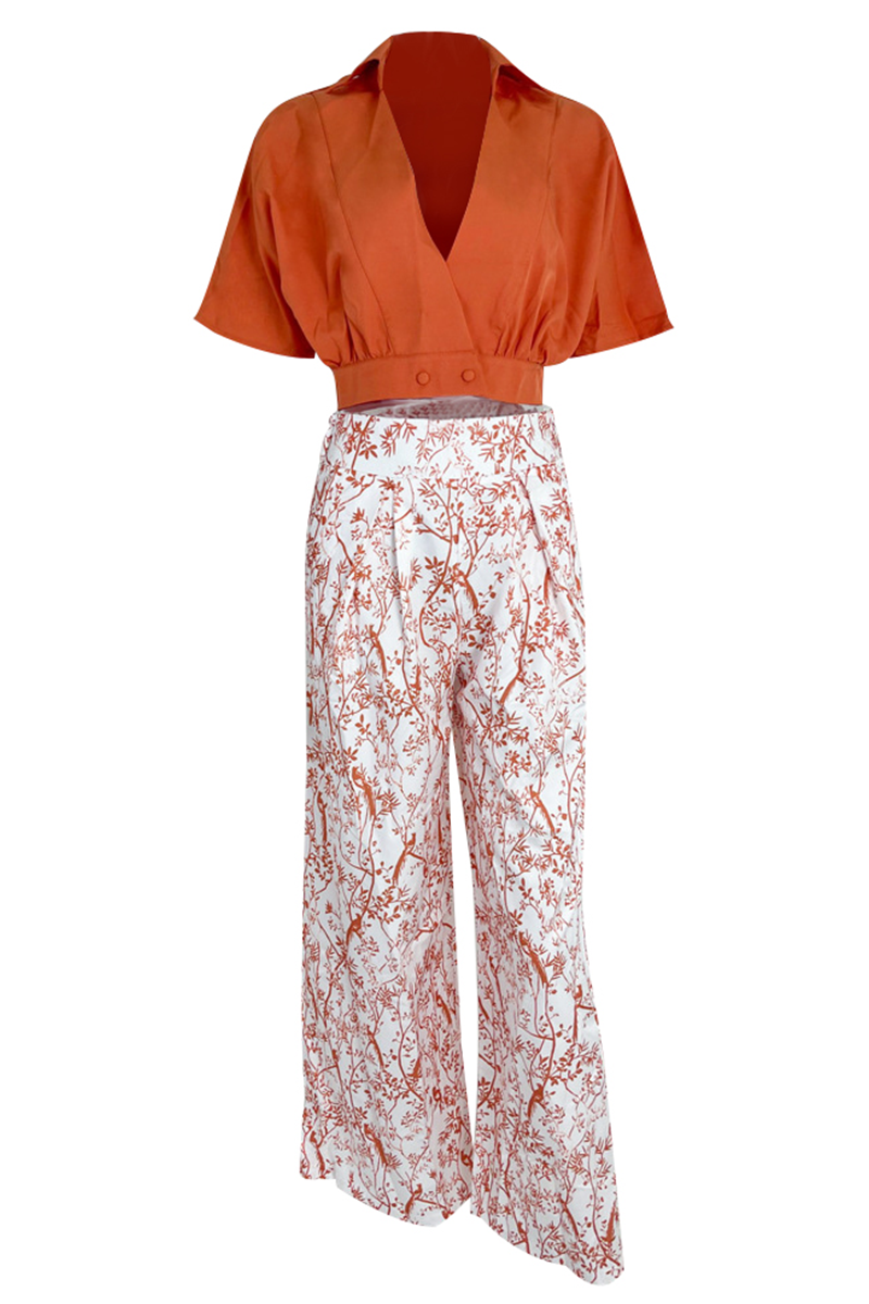 Puff-Sleeve Crop Top and Wide-Leg Palazzo Pants Set with Crossover Front