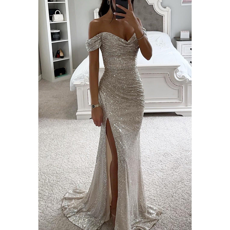 Glittery Off Shoulder Maxi Dress with Sweetheart Neckline and Thigh Slit