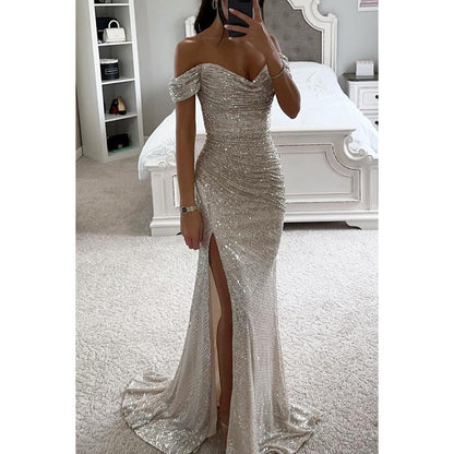 Glittery Off Shoulder Maxi Dress with Sweetheart Neckline and Thigh Slit