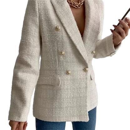 Bouclé Blazer with Gold-Tone Button Accents, Notched Lapels, and Flap Pockets