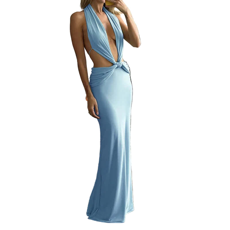 Halter Neck Dress with Knotted Front and Adjustable Open Back
