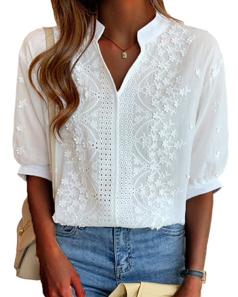 Relaxed-Fit Blouse with Split Neckline and Floral Embroidery on Sleeves and Upper Front