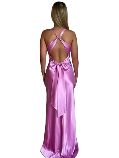 Satin Gown Dress with Twist-Front Bodice and Deep V Neckline