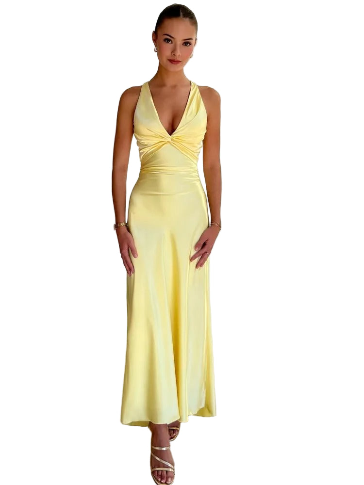 Satin Gown Dress with Twist-Front Bodice and Deep V Neckline