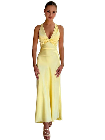 Satin Gown Dress with Twist-Front Bodice and Deep V Neckline