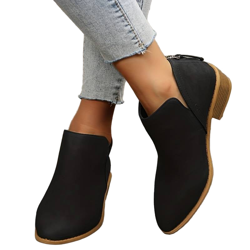 Textured Faux Suede Ankle Booties with V-Cut Front and Low Stacked Heel