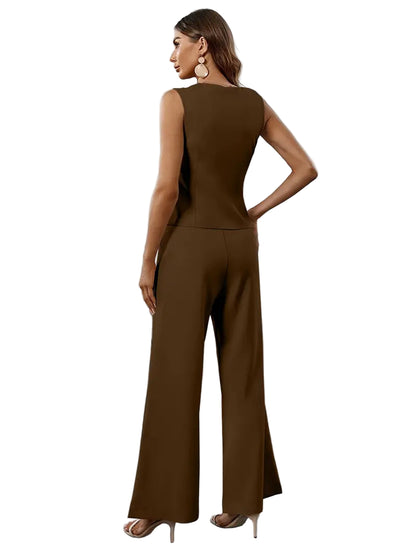 Sleeveless Vest and Wide-Leg Trousers Set with Asymmetric Button Closure