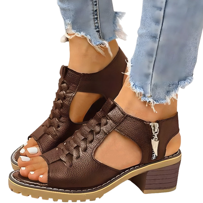 Mid-Heel Sandals with Braided Upper and Side Zipper Closure