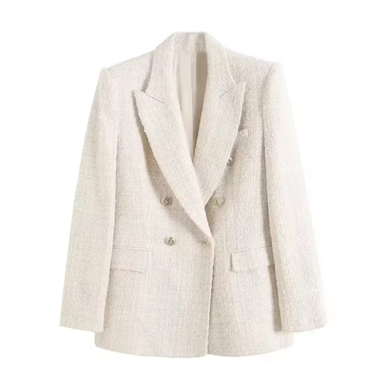 Bouclé Blazer with Gold-Tone Button Accents, Notched Lapels, and Flap Pockets