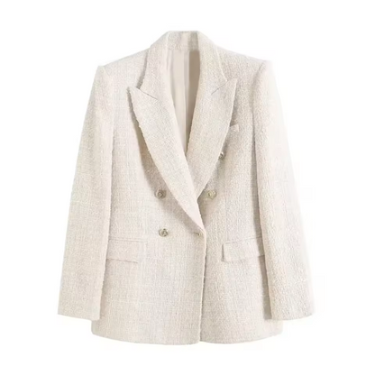 Bouclé Blazer with Gold-Tone Button Accents, Notched Lapels, and Flap Pockets
