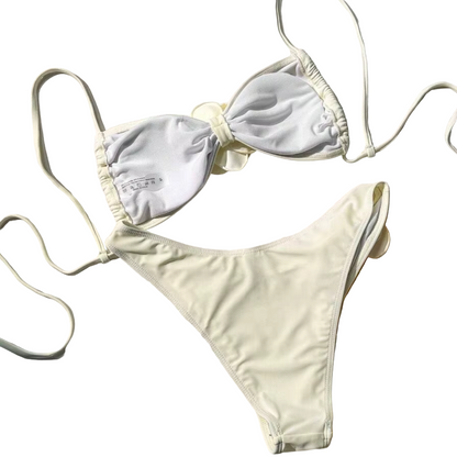 Floral-Appliqué Two-Piece Bikini with Supportive Top and Mid-Rise Bottoms