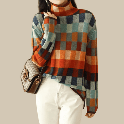 Color Block Check Turtleneck Cashmere Sweater – Relaxed Fit, Ribbed Trim