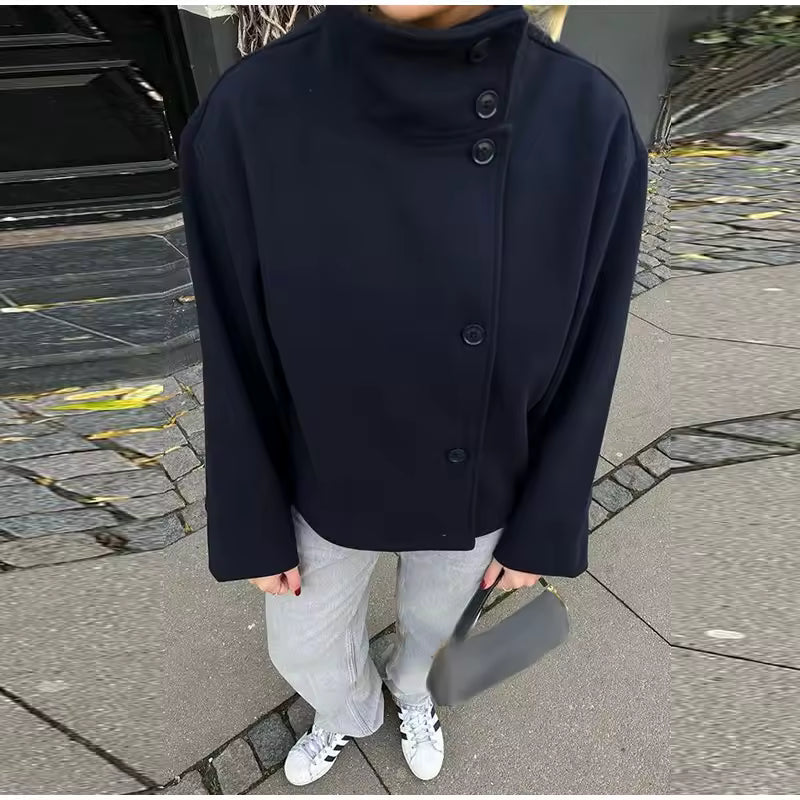 Single-Breasted Cropped Jacket with Wide Collar and High Neckline Detail