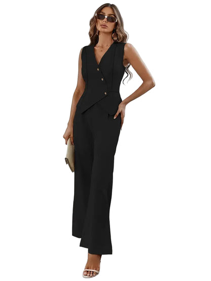 Sleeveless Vest and Wide-Leg Trousers Set with Asymmetric Button Closure