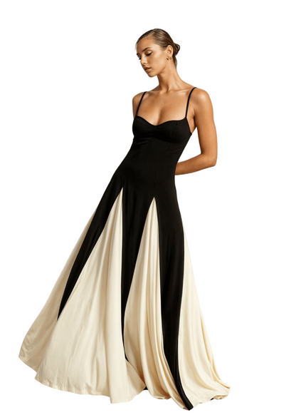 Full-Length Fitted Bodice Dress with Flared Panelled Skirt