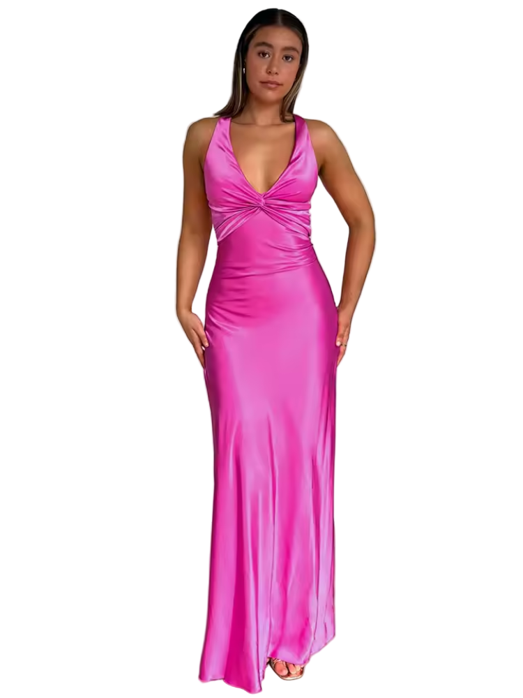 Satin Gown Dress with Twist-Front Bodice and Deep V Neckline