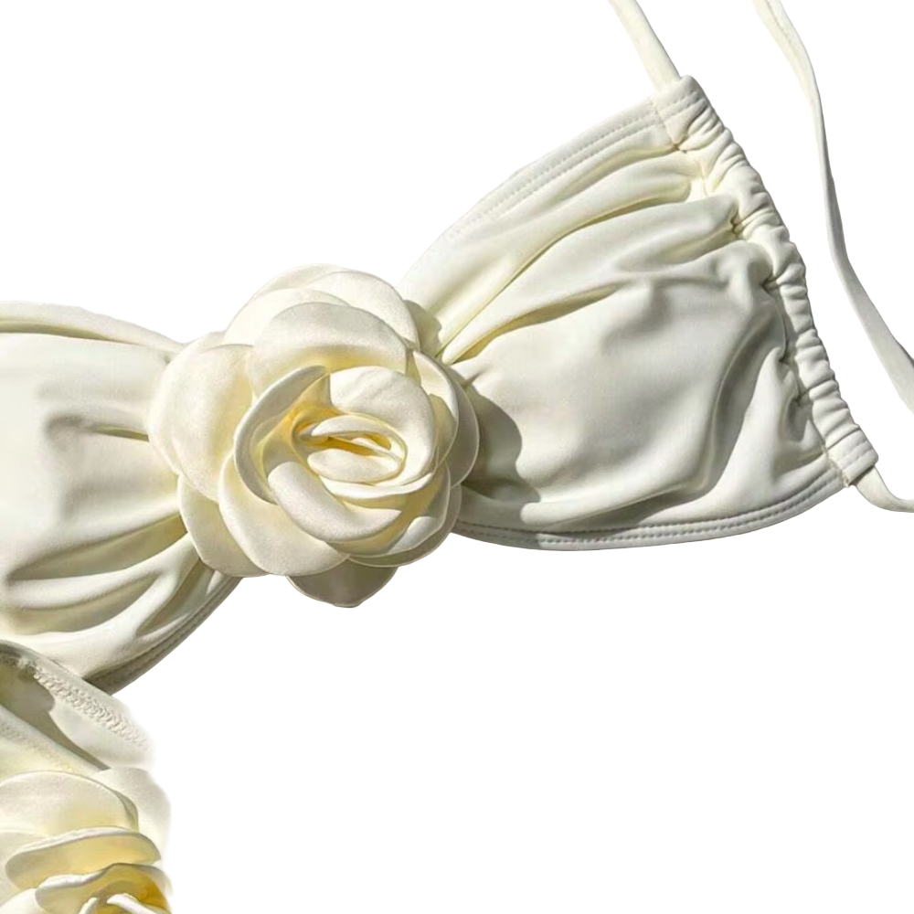 Floral-Appliqué Two-Piece Bikini with Supportive Top and Mid-Rise Bottoms