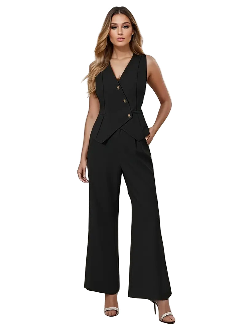 Sleeveless Vest and Wide-Leg Trousers Set with Asymmetric Button Closure