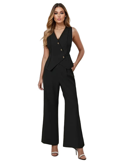 Sleeveless Vest and Wide-Leg Trousers Set with Asymmetric Button Closure