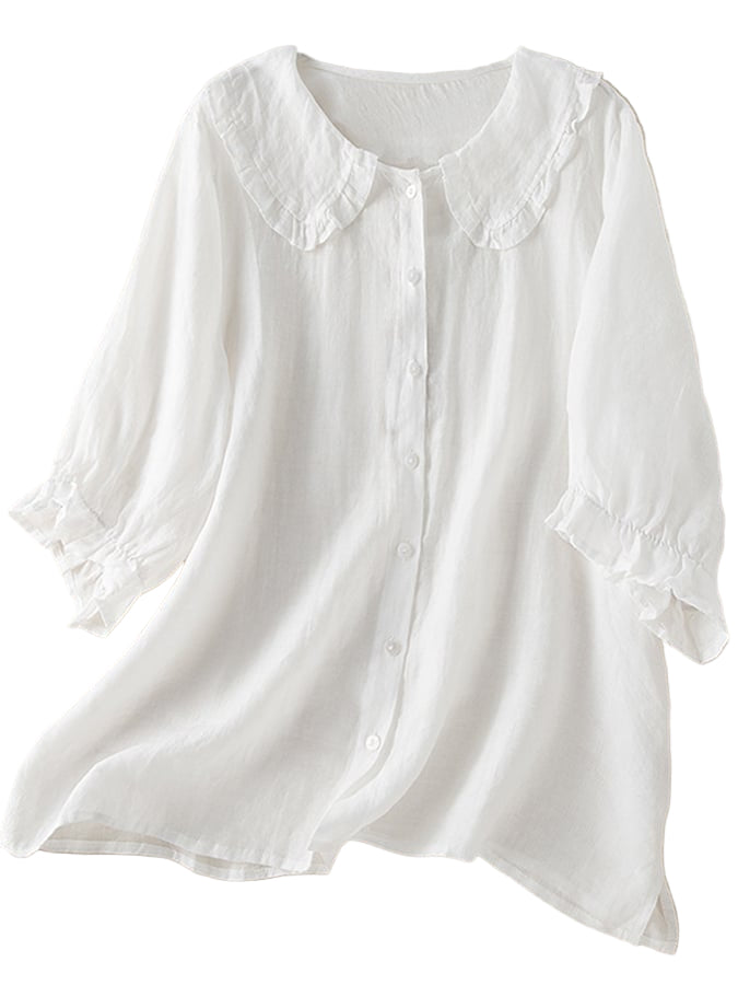 Button-Down Blouse with Ruffle Collar and Puffed Three-Quarter Sleeves