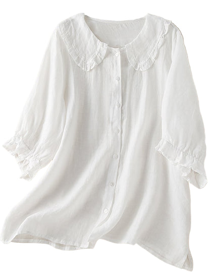 Button-Down Blouse with Ruffle Collar and Puffed Three-Quarter Sleeves