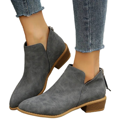 Textured Faux Suede Ankle Booties with V-Cut Front and Low Stacked Heel