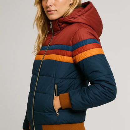 Multi-Stripe Waterproof Hooded Puffer Jacket