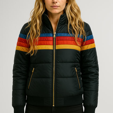 Multi-Stripe Waterproof Hooded Puffer Jacket