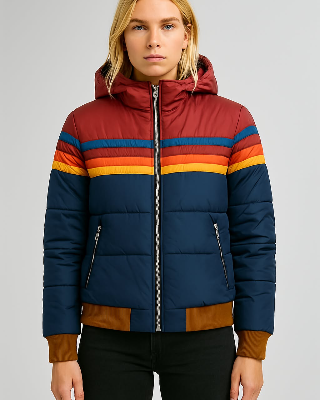 Multi-Stripe Waterproof Hooded Puffer Jacket